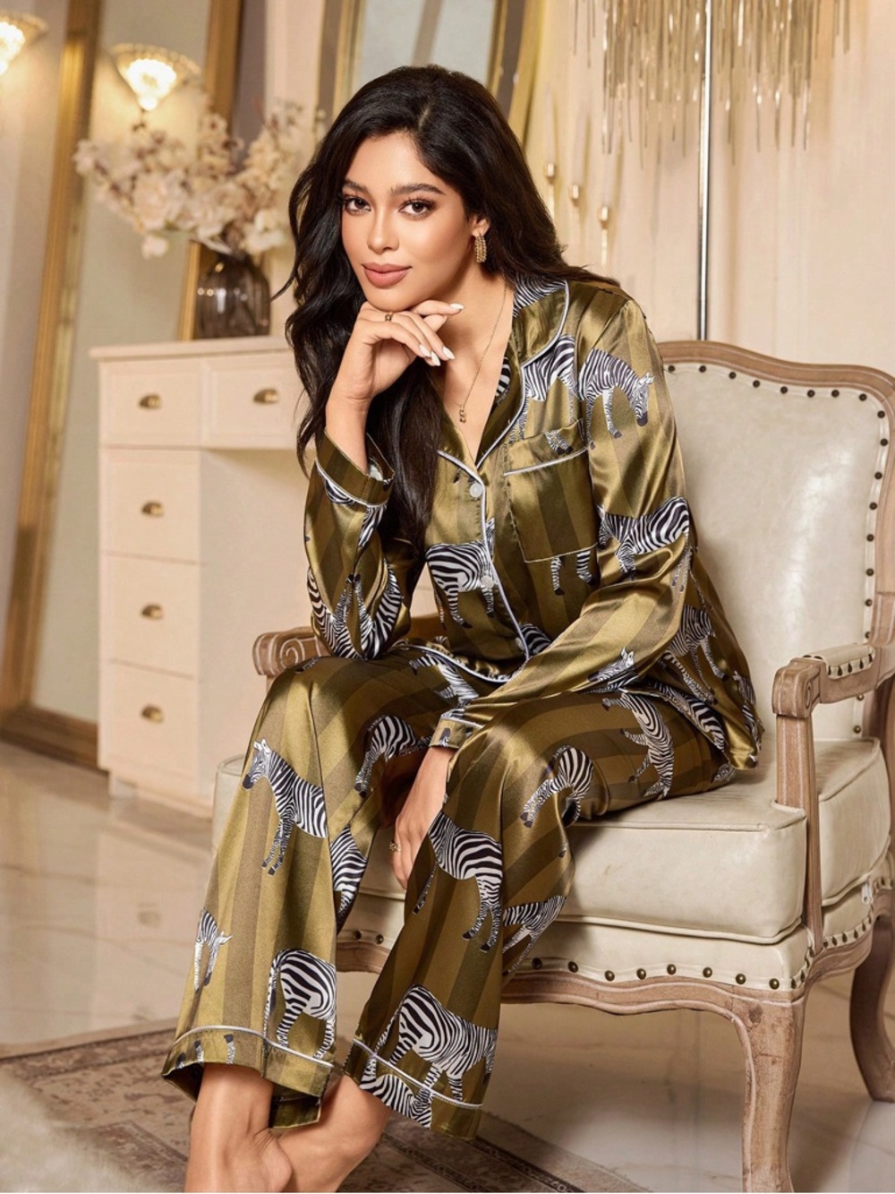 Olive Zebra-Print Satin Pajama Set - Women's Sleepwear